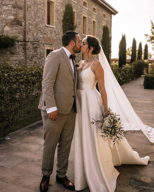 Luolandi A Line V Neck Straps Satin Wedding Dresses Simple Sexy